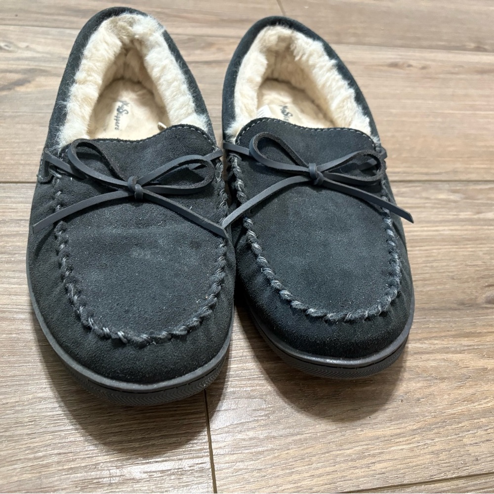 My Slippers Men’s Moccasin Hard sole Grey Slippers 10 leather upper faux fur